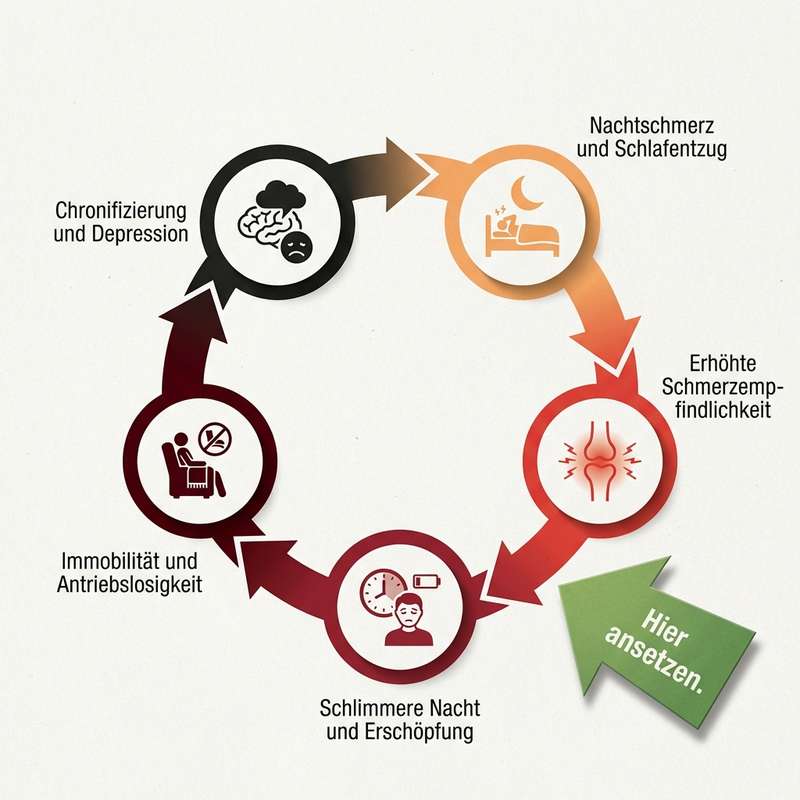 Infografik Nachtschmerz-Spirale: Nachtschmerz, Schlafentzug, erh&ouml;hte Schmerzempfindlichkeit