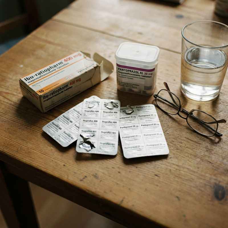 Blister-Packungen, Ibuprofen, Pantoprazol, Wasserglas auf K&uuml;chentisch