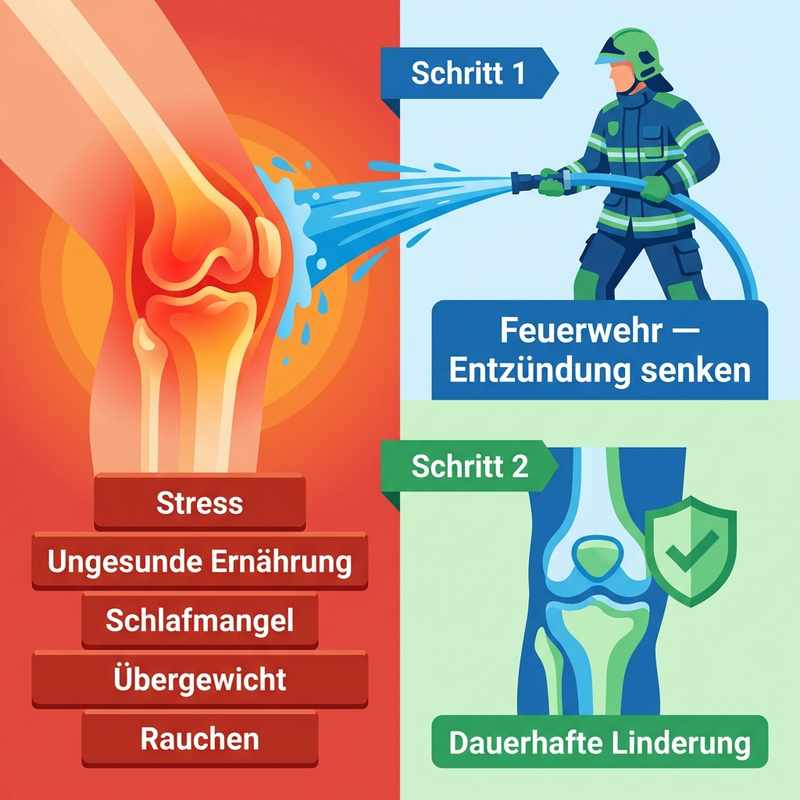 Infografik Splitscreen: Standard-Ansatz (Baumaterial ins Feuer) vs. Feuerwehr dann Architekt