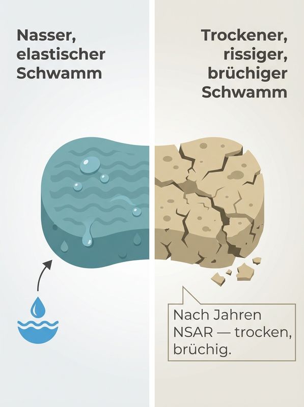 Splitscreen: nasser elastischer Schwamm vs. trockener rissiger Schwamm